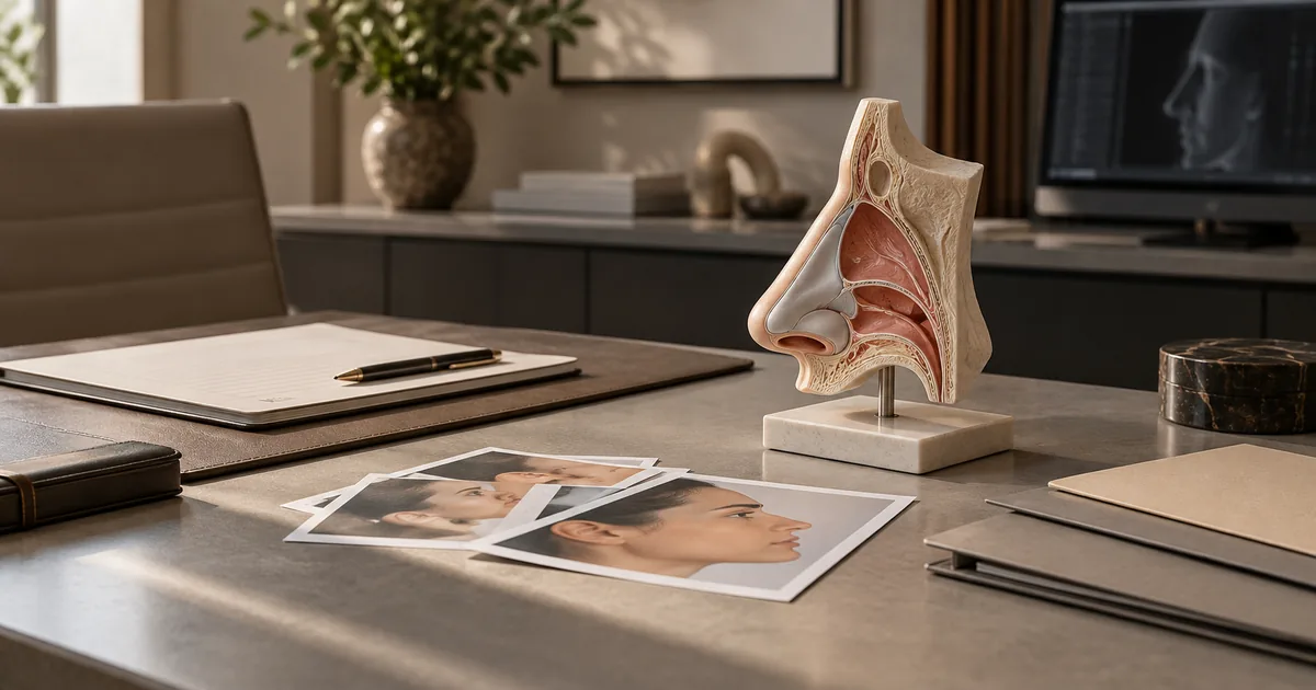 Mesa de consulta com modelo anatômico nasal, anotações e fotografias impressas