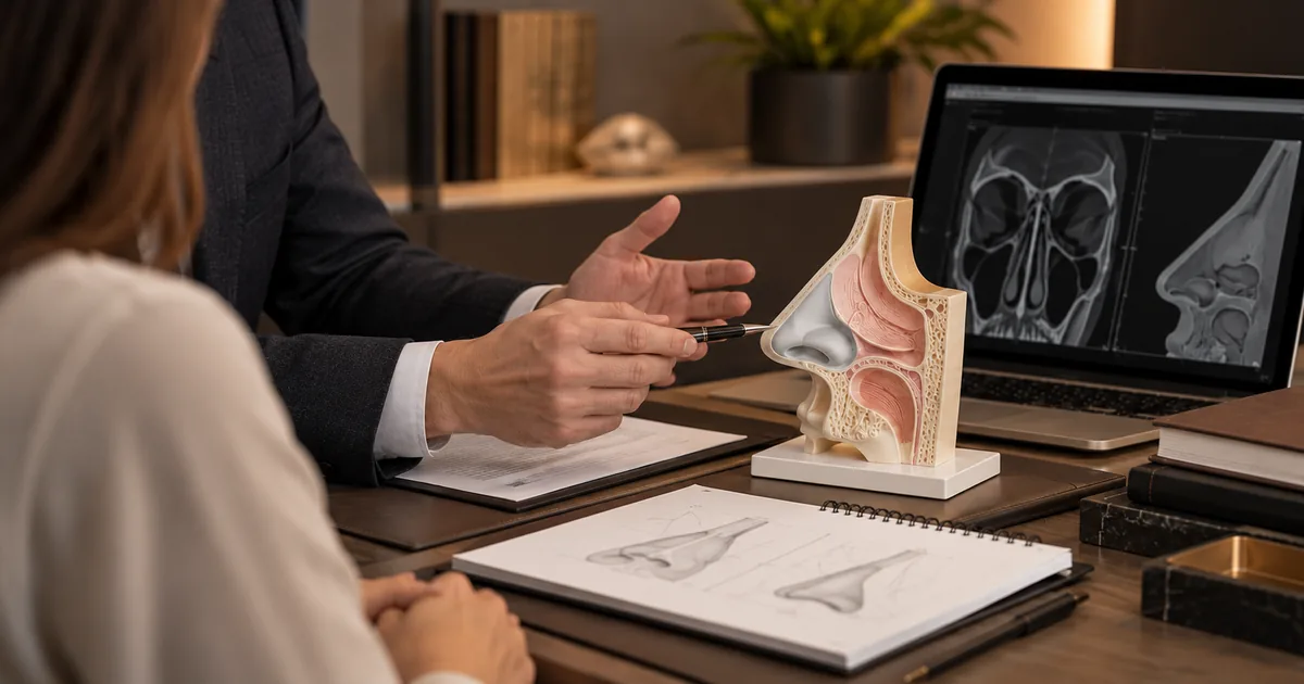 Modelo nasal, exames e planejamento ilustram estrutura de segurança em consulta