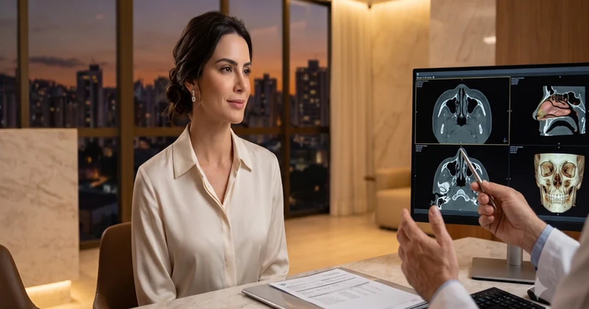 Avaliação pré-operatória para rinoplastia em consultório médico
