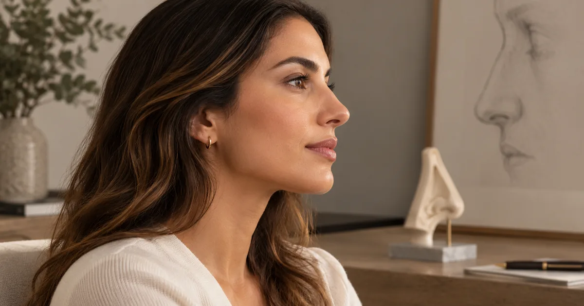 Perfil lateral adulto em consultório destaca identidade facial e proporções naturais