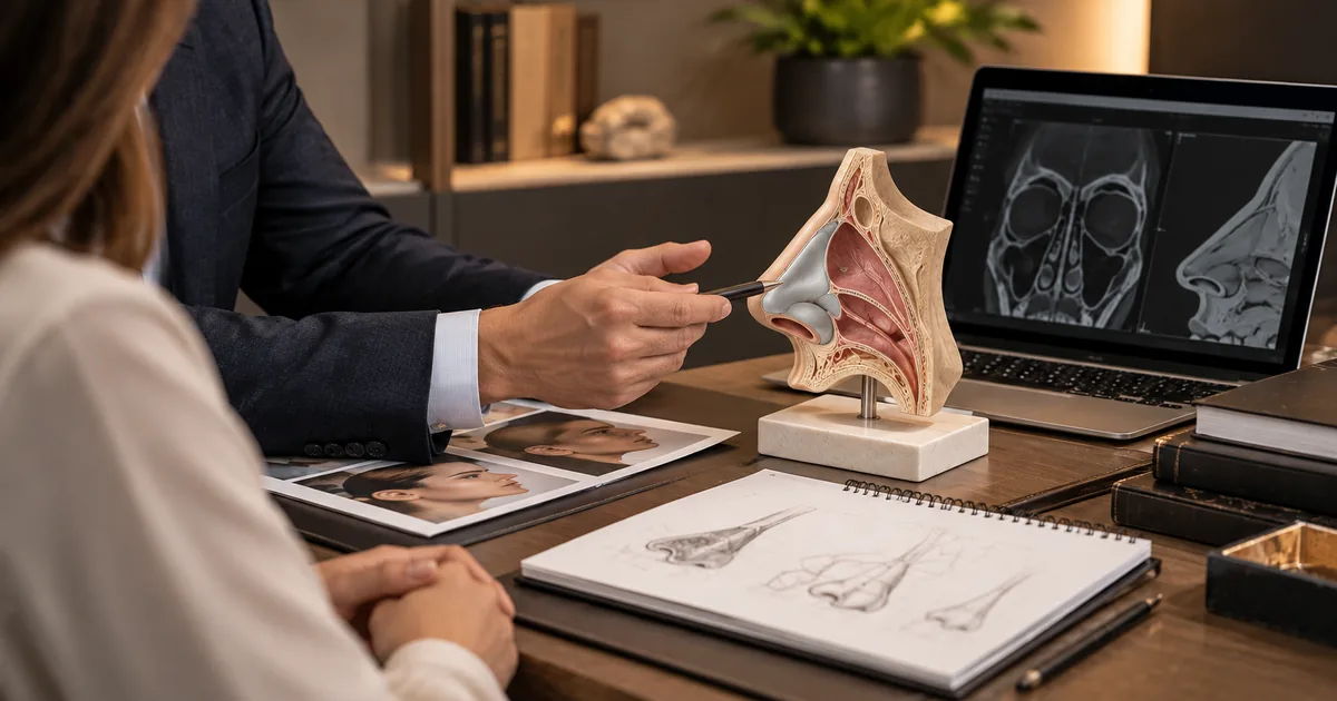 Planejamento integrado em consulta com modelo anatômico nasal e exames de imagem
