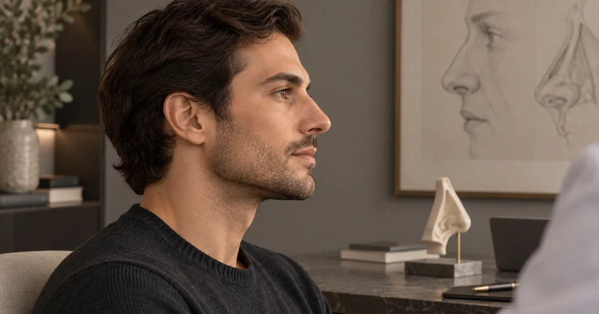 Homem adulto em perfil durante planejamento da rinoplastia masculina em consultório