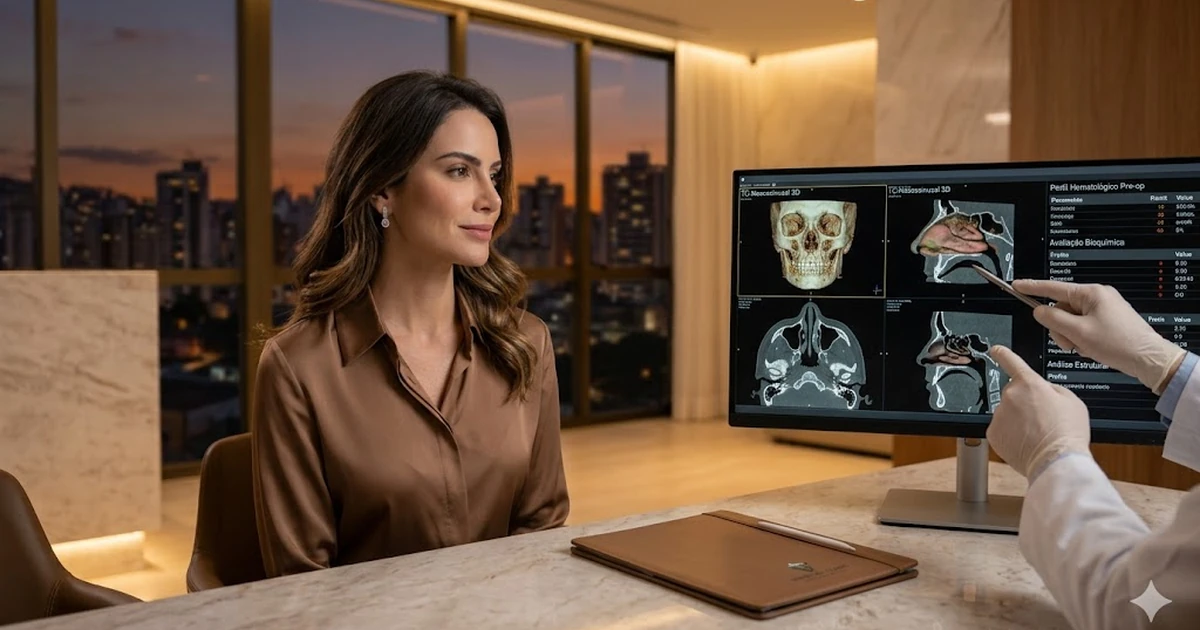 Planejamento de rinoplastia no fim do ano em consultório médico