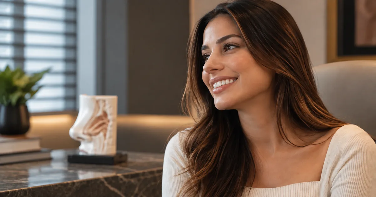 Mulher sorrindo em consultório com modelo anatômico nasal ao fundo