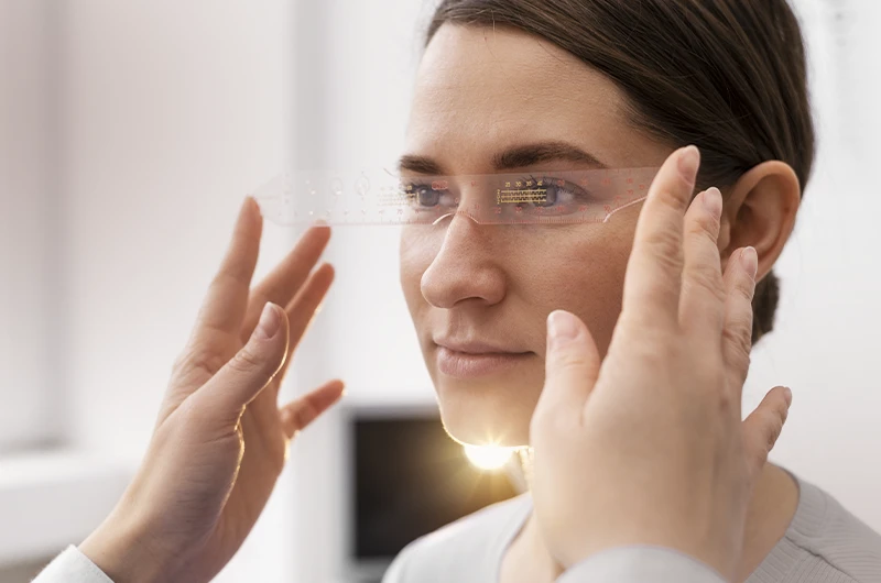 Profissional posiciona régua transparente sobre o rosto de uma mulher durante avaliação facial em consultório