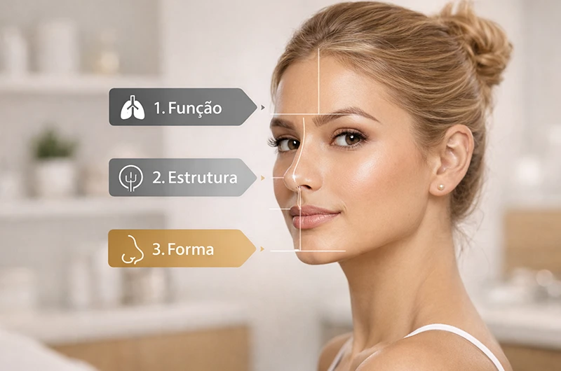 Rosto feminino com três etiquetas numeradas apontando para o nariz