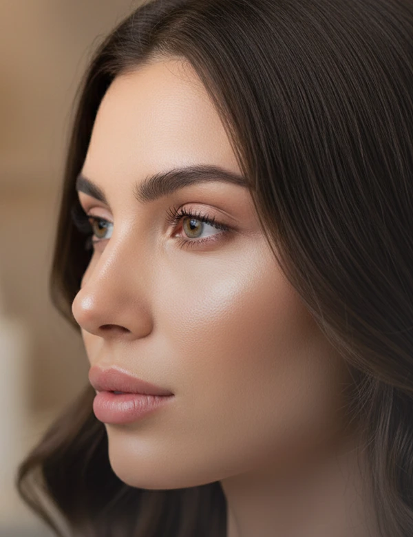 Rosto feminino de perfil, com luz lateral realçando o dorso do nariz